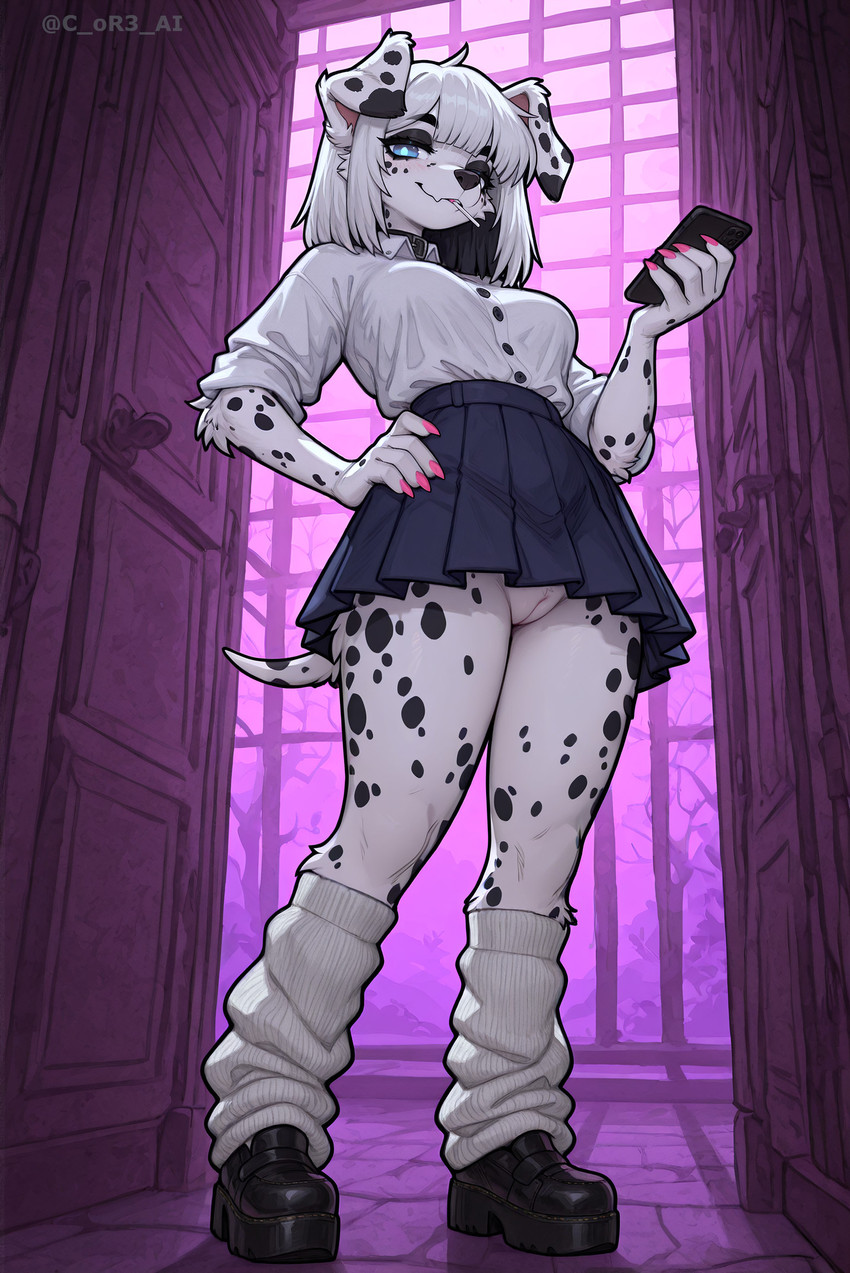 anthro blue_eyes boots bottomwear candy claws clothing dessert eyeshadow female finger_claws food footwear fur genitals hair hand_on_hip holding_object holding_phone leg_warmers legwear lollipop makeup manicure phone pussy shirt skirt smile solo spots spotted_body spotted_fur standing topwear view_from_below white_body white_fur white_hair c_or3_ai canid canine canis dalmatian domestic_dog humanoid mammal hi_res