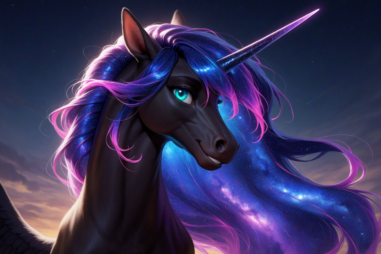 female feral horn looking_at_viewer smile solo sunset wings anonymous_director friendship_is_magic my_little_pony princess_luna_(mlp) equid equine mammal winged_unicorn hi_res