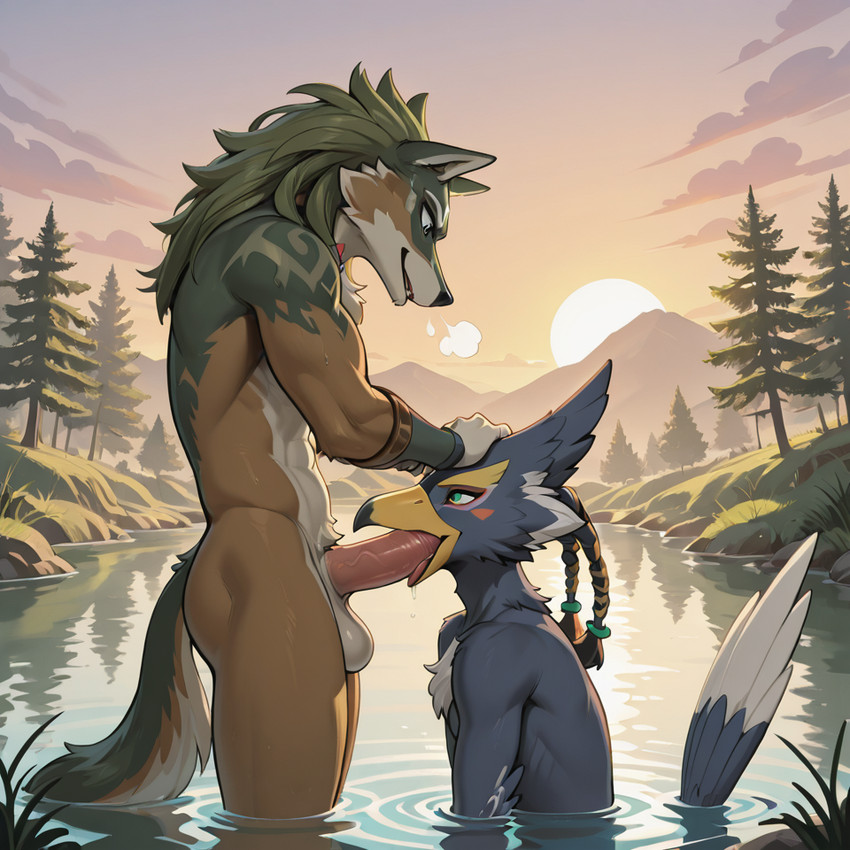 anthro balls beak beak_fetish beak_play beak_sex braided_hair duo fellatio genitals hair male male/male nude nude_male oral penile penis penis_in_mouth pond sex standing water flanwithaplan_(director) nintendo the_legend_of_zelda the_legend_of_zelda:_breath_of_the_wild the_legend_of_zelda_twilight_princess link link_(wolf_form) revali avian canid mammal rito