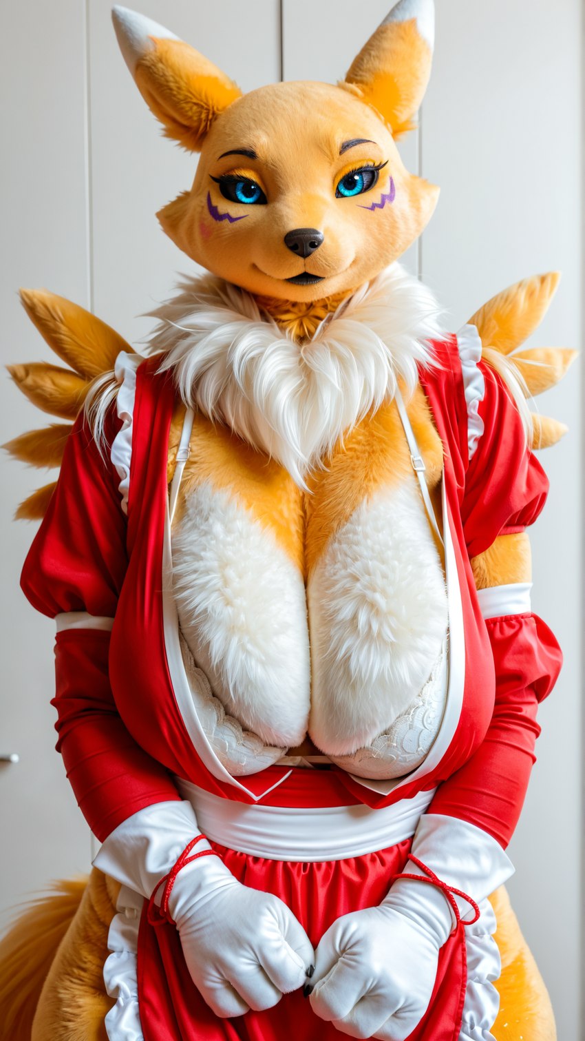 anthro big_breasts blue_eyes bra breasts cleavage clothed clothing costume curvy_figure female fur fursuit gloves handwear maid_uniform realistic realistic_fur red_clothing solo underwear uniform yellow_body yellow_fur lap-deer digimon canid canine digimon_(species) fox mammal renamon hi_res