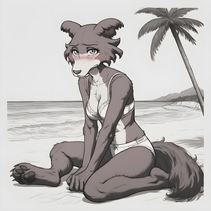 anthro beach blush breasts butt claws clothed clothing detailed_eyes female fluffy fluffy_tail fur looking_at_viewer palm_tree pawpads paws plant sea seaside sitting solo tree water vitiligo_(director) beastars juno_(beastars) canid canine canis mammal wolf absurd_res hi_res