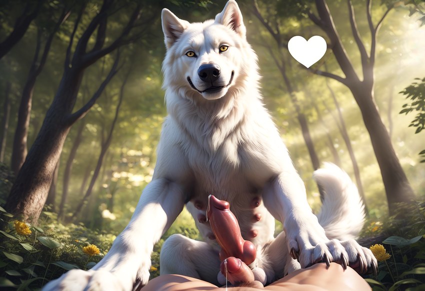 <3 animal_genitalia animal_penis balls bestiality bodily_fluids canine_penis claws detailed_eyes detailed_fur dewclaw duo feral first_person_view forest frottage fur genital_fluids genitals human_on_feral human_pov humanoid_genitalia humanoid_penis interspecies knot light looking_at_viewer low-angle_view lying male male/male multi_nipple nipples on_back penis plant precum raised_tail sex sitting_on_ground smile spread_legs spreading sunlight tree tuft white_body white_fur yellow_eyes polar_(director) canid canine canis human mammal wolf detailed hi_res