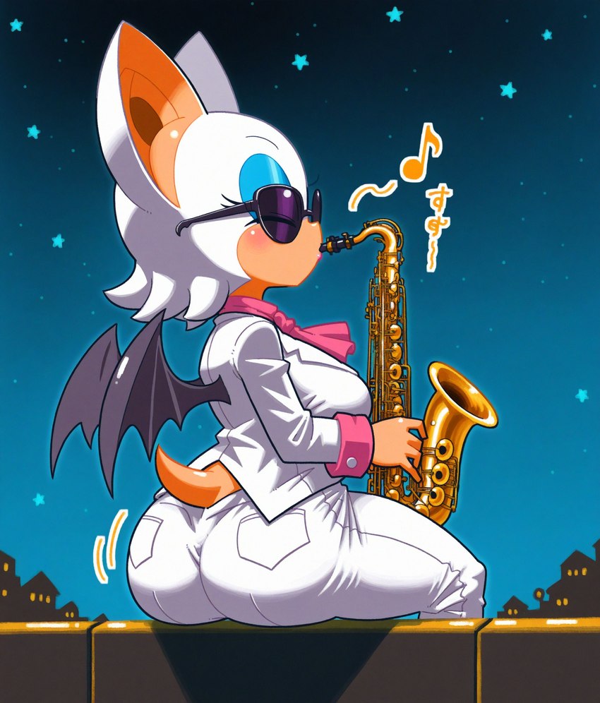 breasts butt clothing eyeshadow eyewear female makeup musical_instrument night sitting suit sunglasses tan_body tan_skin wings unknown_director sonic_the_hedgehog_(series) rouge_the_bat chiropteran mammal absurd_res hi_res