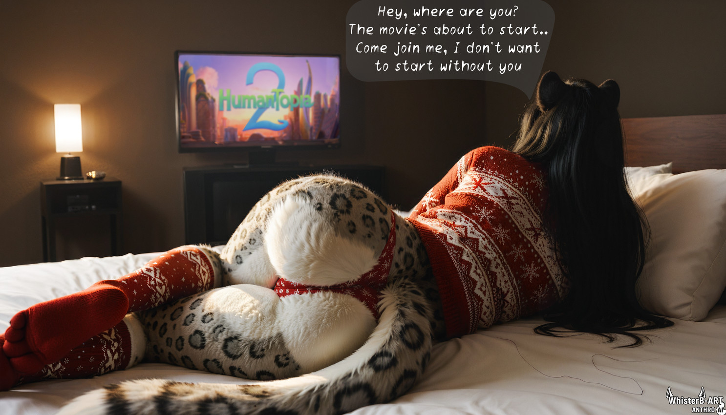 anthro bed butt caption christmas christmas_clothing clothing dark_hair evening feet female footwear furniture hair long_hair on_bed panties pillow socks solo sweater television toe_socks toes topwear tv underwear whisterb-art felid feline mammal pantherine snow_leopard hi_res