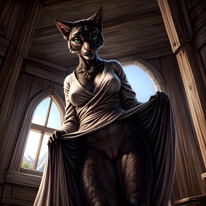 anthro black_body black_fur clothed clothing clothing_lift female fur genitals green_eyes inside magic_user presenting presenting_pussy pussy robe skyrim solo solo_focus the_elder_scrolls fenix_ai felid feline khajiit mammal absurd_res hi_res