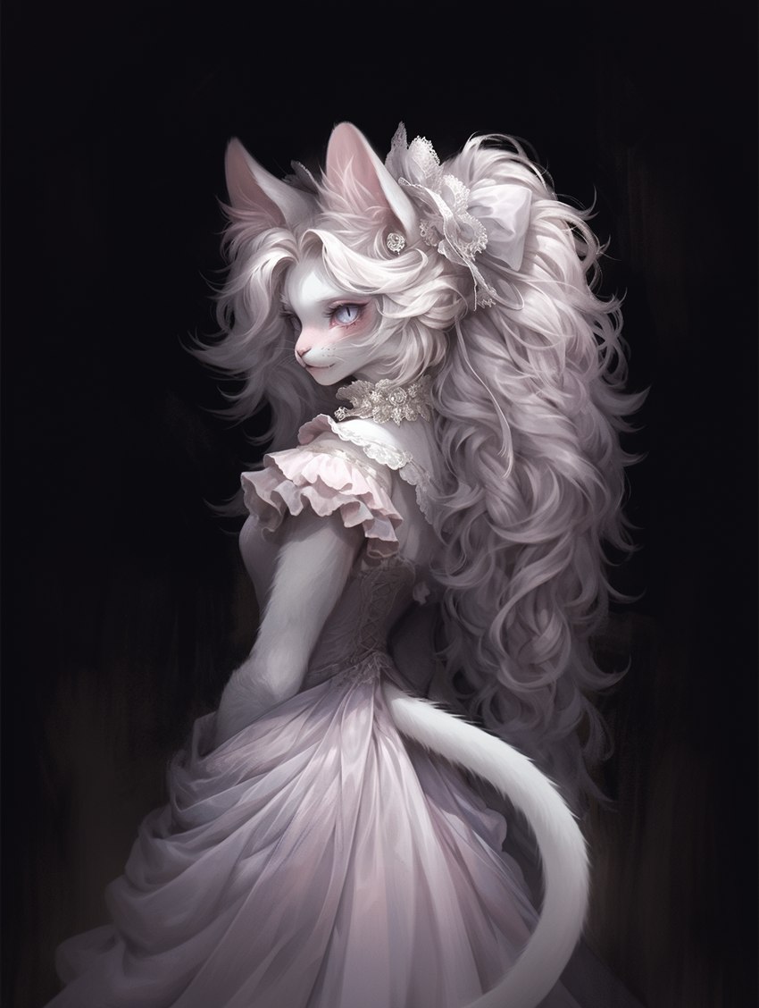 anthro big_hair blue_eyes bow_ribbon clothing dress female frilly hair inner_ear_fluff lace long_hair pink_clothing solo tuft white_body white_hair sappy_(director) felid feline mammal hi_res oil_painting_(artwork) painting_(artwork) traditional_media_(artwork)