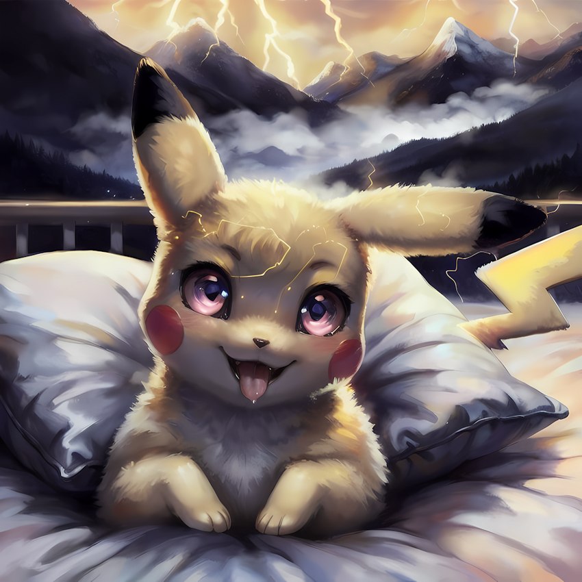 bed female feral furniture lightning looking_at_viewer open_mouth pillow pink_eyes pokemon solo sparks tongue tongue_out venisoncreampie generation_1_pokemon mammal pikachu pokemon_(species) rodent