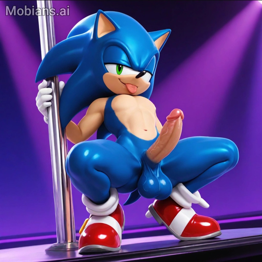 anthro balls big_balls blue_balls blue_body clothing crouching footwear genitals gloves handwear looking_at_viewer male nude penis pole red_clothing red_footwear red_shoes shoes solo strip_club stripper_pole tongue tongue_out white_clothing white_gloves white_handwear mobians.ai sega sonic_the_hedgehog_(series) sonic_the_hedgehog eulipotyphlan hedgehog mammal