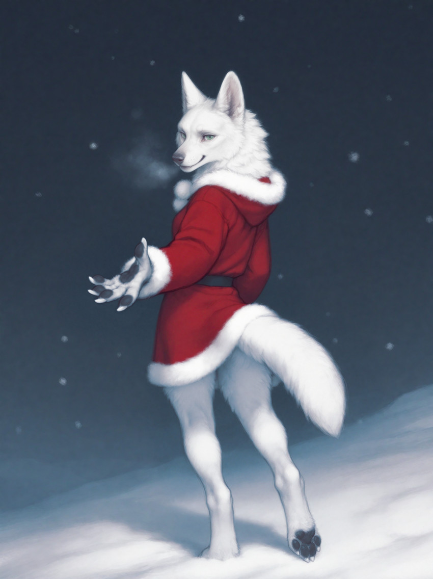 5_fingers anthro beckoning black_nose black_pawpads bottomless breasts claws clothed clothing costume digitigrade female finger_claws fingers fluffy_fur foot_tuft fur gesture gradient_background green_eyes hands_out head_tuft inner_ear_fluff leg_tuft looking_at_viewer neck_tuft night pawpads pom_poms raised_foot raised_tail reaching_towards_viewer rear_view santa_costume side_view simple_background snaggle_tooth snow snow_on_ground snowing solo standing tail_tuft toe_claws tuft waiting white_body white_fur white_tail knotanotherfurry berger_blanc_suisse canid canine canis domestic_dog herding_dog mammal pastoral_dog hi_res