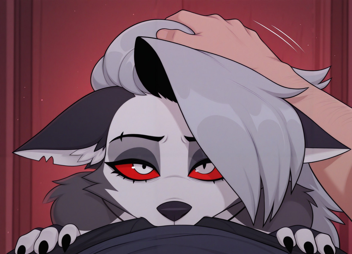 anthro bite clothed clothing duo ears_down female fingerless_gloves first_person_view gloves hand_on_head handwear head_pat headpat human_pov inside looking_at_viewer male male/female notched_ear paws petting pivoted_ears raif_ai helluva_boss loona_(helluva_boss) canid canid_demon canine canis demon hellhound human mammal wolf hi_res