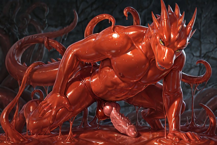 5_fingers anthro balls erection fingers genitals goo_dripping horn knot liquid_latex looking_at_viewer male nipples nude penile_spines penis red_body slime smile solo tentacles yellow_eyes xaninho dragon goo_creature tentacle_monster