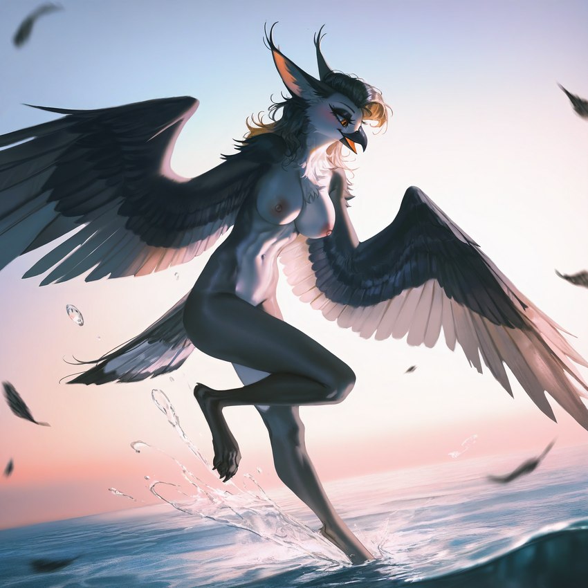 action_pose anthro big_breasts blush breasts chest_tuft feathers female flying looking_down orange_eyes pose sea slim smile solo splash tail_feathers tuft water winged_arms wings wheel_of_fortune avian bird hi_res