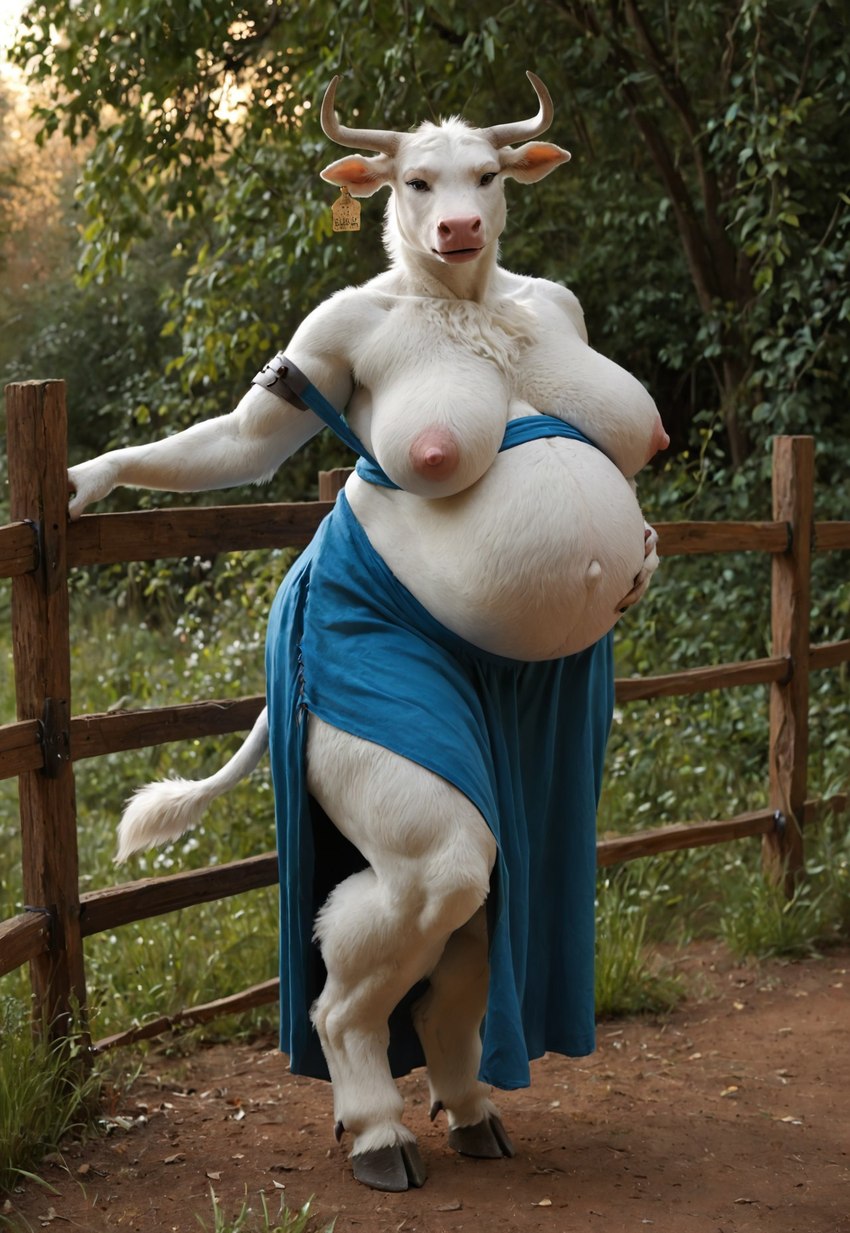 anthro big_breasts blue_clothing breasts clothing ear_tag exposed_breasts female fence fur hooves horn huge_breasts looking_at_viewer navel neck_tuft nipples outside overweight overweight_anthro overweight_female pink_nipples pink_nose plant pregnant solo standing tail_tuft thick_thighs tree tuft white_body white_fur anonymous_director bovid bovine cattle mammal hi_res