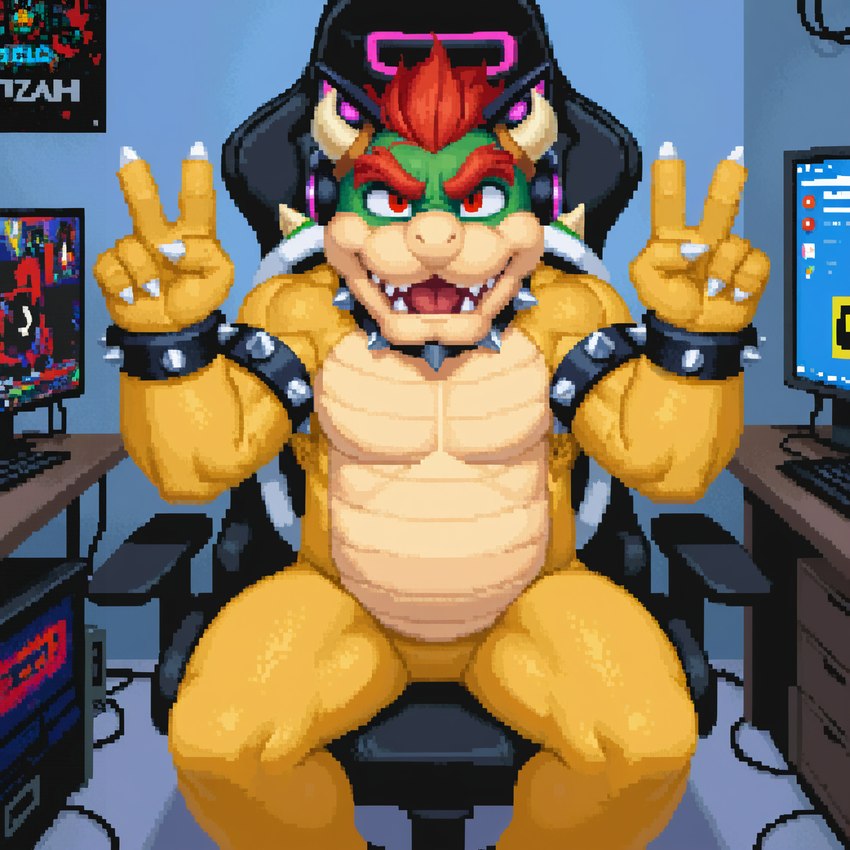 anthro chair claws collar computer furniture hair horn looking_at_viewer male nintendo on_chair open_mouth red_eyes red_hair sitting sitting_on_chair solo spiked_collar spikes teeth unknown_director super_mario_bros bowser koopa scalie digital_media_(artwork) hi_res pixel_(artwork)