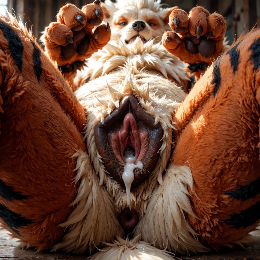 4_fingers animal_genitalia animal_pussy anthro anus big_pussy bodily_fluids canine_pussy claws clitoral_hood cum cum_in_pussy cum_inside detailed_fur female fingers fluffy fur gaping gaping_pussy genital_fluids genitals looking_at_viewer lying on_back orange_body orange_fur presenting presenting_pussy pussy solo spread_pussy spreading tan_body tan_fur director_footlover95 pokemon arcanine generation_1_pokemon pokemon_(species) tail absurd_res detailed hi_res