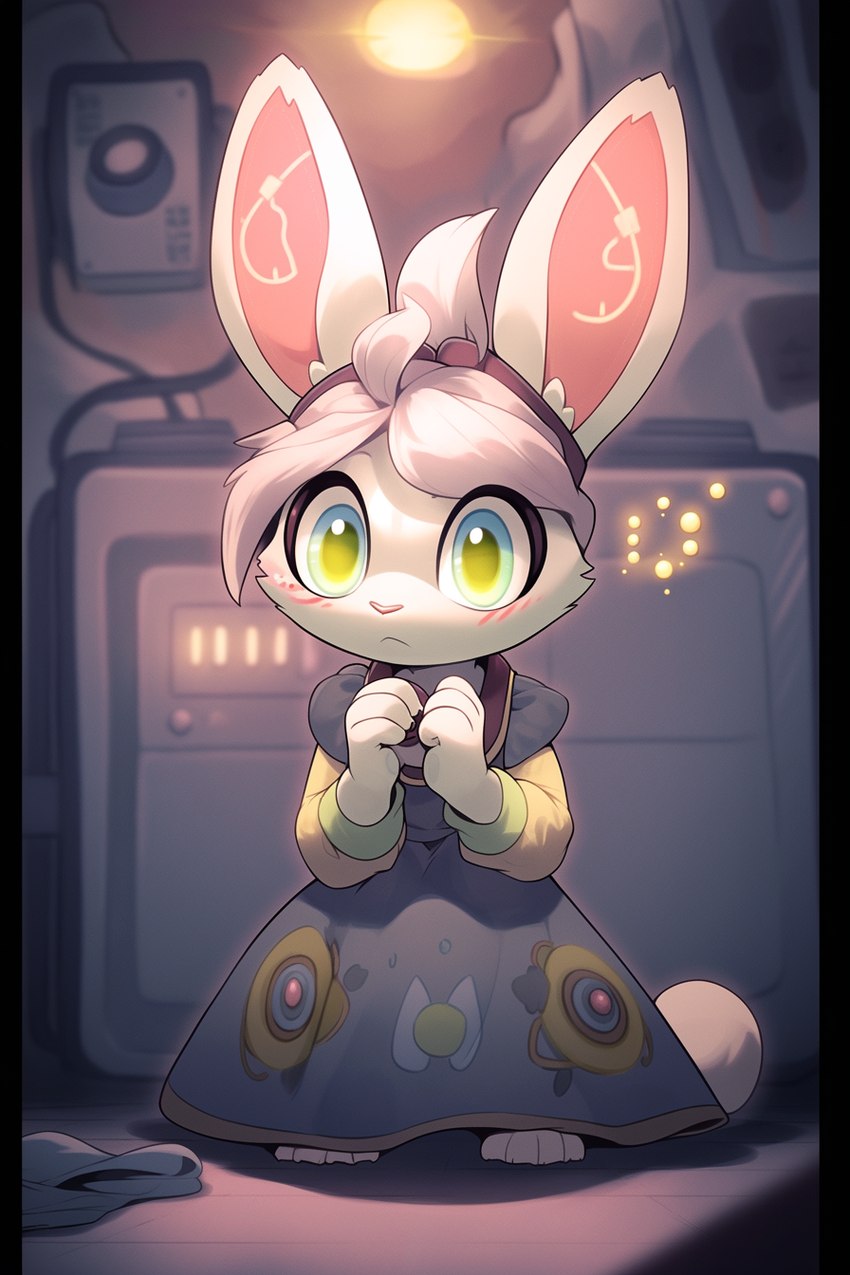 accessory anthro blue_eyes clothed clothing dress female frown fully_clothed glistening glistening_eyes hair headband long_ears machine pink_hair pink_nose scared scut_tail short_tail solo worried fuzzy_logic lagomorph leporid mammal rabbit hi_res