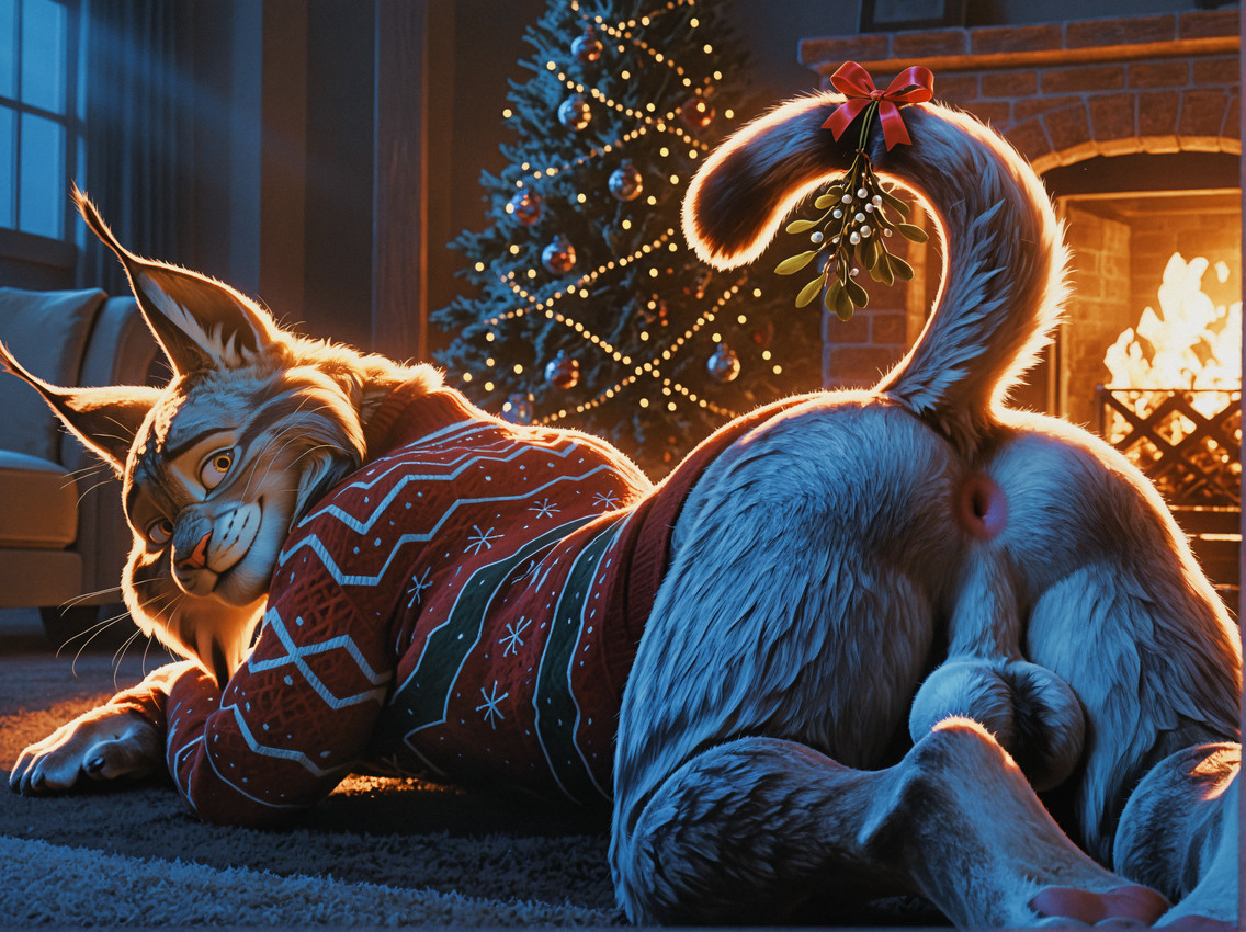 4_fingers anthro anus ball_tuft balls big_balls big_butt bottomless bow_ribbon brick butt butt_focus carpet cheek_tuft christmas_clothing christmas_sweater christmas_topwear christmas_tree clothed clothing dim_lighting ear_tuft facial_markings facial_tuft film_grain fingers fire fireplace fluffy fluffy_balls fur furniture genitals grey_balls grey_body grey_fur head_markings hindpaw inner_ear_fluff inside light living_room looking_at_viewer looking_back looking_back_at_viewer lying male male_anthro markings mistletoe_on_tail moonlight on_front ornaments partially_clothed pattern_clothing pawpads paws picture_frame pink_anus pink_pawpads plant presenting presenting_hindquarters raised_tail rear_view red_clothing red_sweater red_topwear seductive short_tail smile sofa solo string_lights sweater tail topwear tree tuft wall_(structure) whiskers window yellow_eyes sausagerechts disney zootopia pawbert_lynxley felid feline lynx mammal absurd_res hi_res