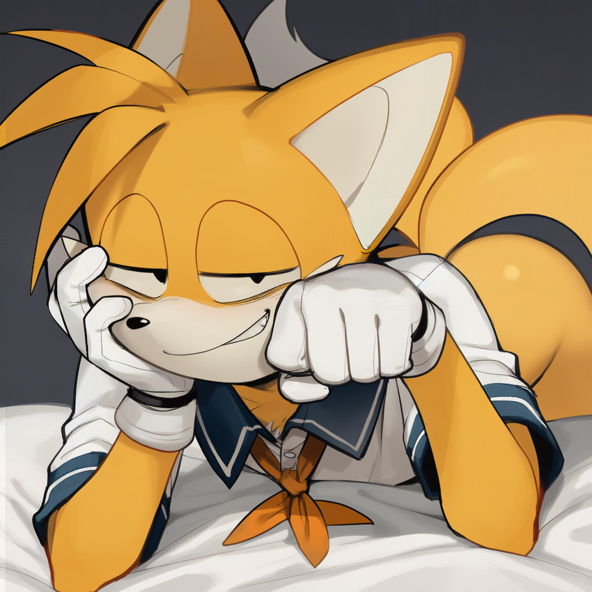 2_tails 5_fingers anthro bed bedroom_eyes bottomless bottomless_anthro bottomless_male bow_ribbon butt close-up clothed clothing crossdressing fingers front_view fur furniture gloves half-closed_eyes hand_on_cheek handwear inviting looking_at_viewer lying male multi_tail multicolored_body multicolored_fur narrowed_eyes on_bed on_front paw_pose pose school_uniform seductive simple_background smirking_at_viewer snout solo tail two_tone_body two_tone_fur uniform white_clothing white_gloves white_handwear yellow_body yellow_fur ratarang_(director) sega sonic_the_hedgehog_(series) miles_prower canid canine fox mammal novelai