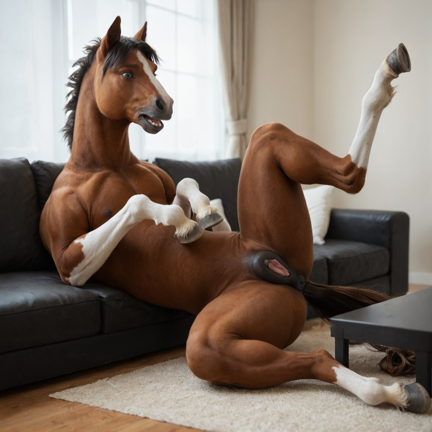 anatomically_correct animal_genitalia animal_pussy detailed_background equine_anus equine_pussy female feral furniture genitals hooves horse_tail mane nipples open_mouth pussy realistic sofa solo solo_focus spread_legs spreading surprised_expression transformation xerox3 equid equine horse mammal hi_res