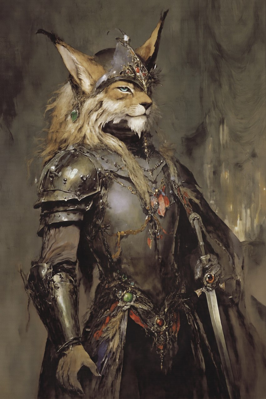 accessory anthro armor candle castle ear_piercing ear_ring fur headgear helmet jewelry male melee_weapon necklace piercing ring_piercing saren_(nekomatasaren) solo sword weapon white_body white_fur nekomatasaren felid feline hybrid lynx mammal 9:16 absurd_res hi_res