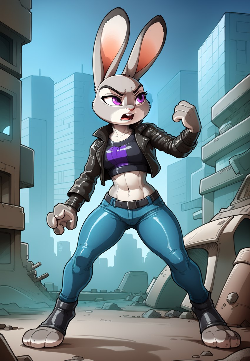 angry anthro belt city city_background clothing destroyed_city disney ears_up female jacket leather leather_clothing leather_jacket leather_topwear rubber rubber_clothing solo solo_focus standing topwear hank94_(director) zootopia judy_hopps lagomorph leporid mammal rabbit hi_res