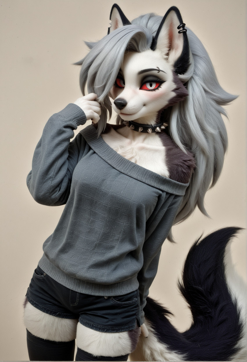 anthro black_clothing black_ears black_legwear black_nose black_pupils black_tail blush breasts clothed clothing denim ear_piercing female fluffy fluffy_fur fluffy_tail fur grey_body grey_fur grey_hair hair inner_ear_fluff jewelry legwear long_hair looking_at_viewer medium_breasts multicolored_body multicolored_fur necklace piercing pink_inner_ear pupils red_sclera short simple_background slit_pupils smile solo sweater tail topwear tuft two_tone_body two_tone_fur two_tone_tail white_body white_fur white_inner_ear_fluff white_pupils white_tail incladenito hellaverse helluva_boss loona_(helluva_boss) canid canid_demon canine canis demon mammal wolf hi_res willysnoobrealism_(model)