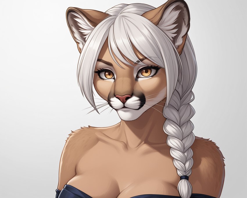 amber_eyes anthro braided_hair breasts brown_body brown_eyes brown_fur cleavage clothed clothing eyebrows eyelashes female fur hair inner_ear_fluff orange_eyes pink_nose simple_background solo tan_body tan_fur tuft whiskers white_background white_hair white_inner_ear_fluff aphid butterwolf cougar felid feline mammal bust_portrait digital_media_(artwork) portrait shaded