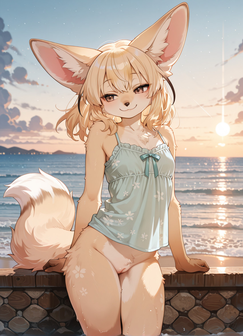 anthro beach beach_background big_ears blond_hair bottomless bow_ribbon brown_body brown_eyes brown_fur camisole chest_tuft clothed clothing cloud crotch_tuft dipstick_tail female fingers front_view fur fur_markings genitals hair inner_ear_fluff looking_away looking_down markings multicolored_body multicolored_fur outside partially_clothed pussy sea seaside short_hair shy sky smile solo standing sun sunset tail tail_markings topwear tuft water wet wet_body denis0k canid canine fennec fox mammal hi_res