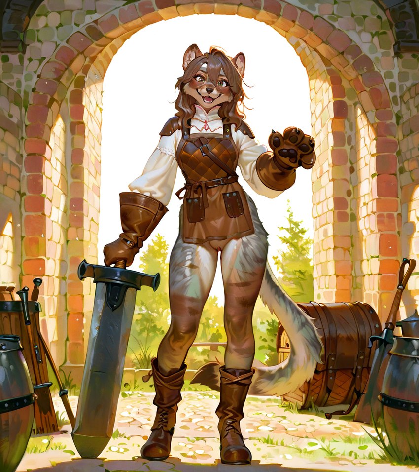 anthro apron bottomless clothed clothing female footwear genitals gesture gloves handwear leather leather_clothing looking_at_viewer melee_weapon open_mouth open_smile pussy shoes smile solo standing sword waving waving_at_viewer weapon denis0k canid canine canis mammal wolf