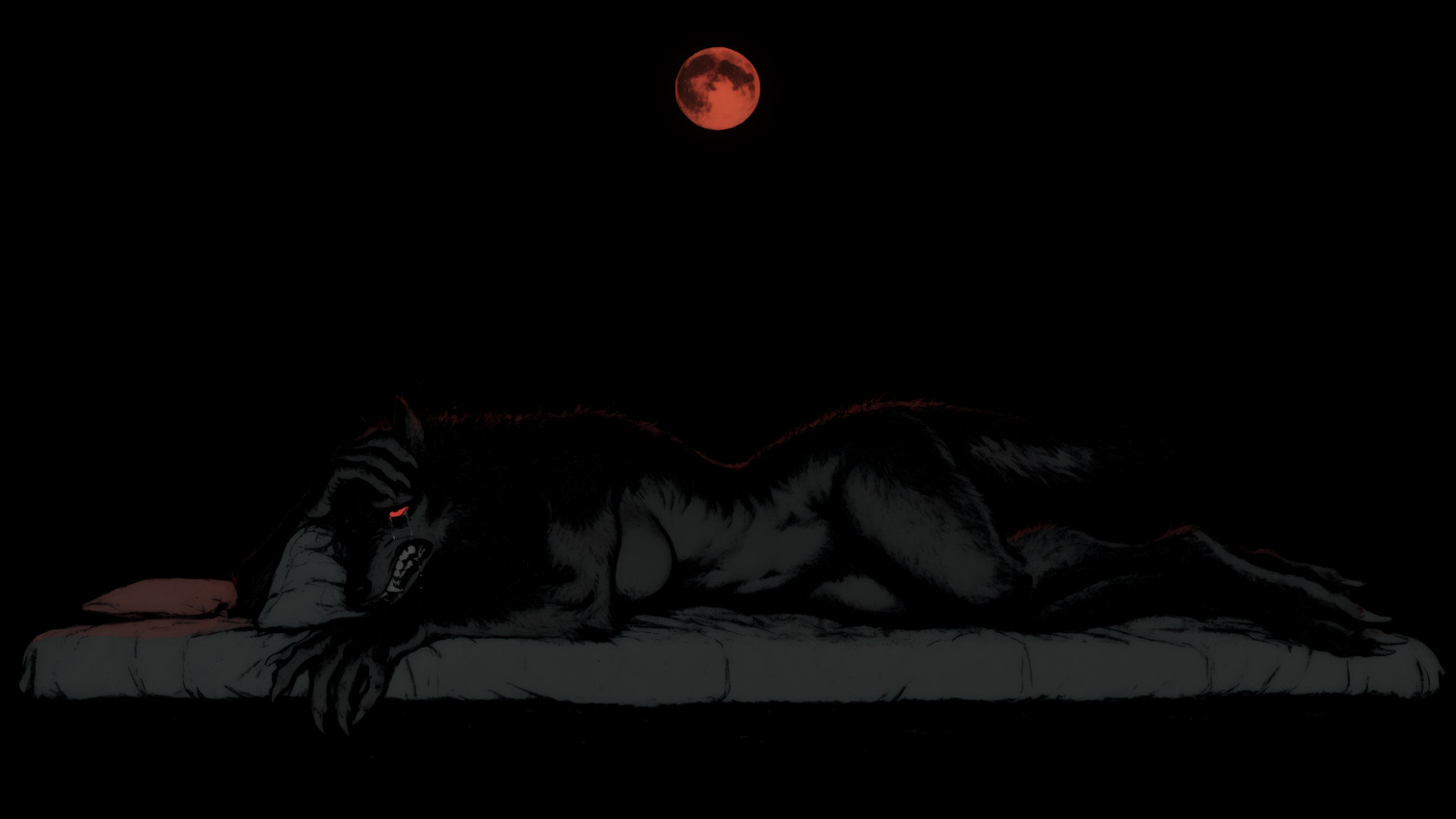 bed black_body black_fur blood_moon bodily_fluids breasts claws clenched_teeth crying fangs featureless_breasts female full_moon fur furniture glowing glowing_eyes looking_at_viewer lying moon navel night nude on_bed on_side pillow red_eyes red_moon sad sharp_teeth simple_background solo tears teeth anotheranon canid canine canis mammal werecanid werecanine werecreature werewolf wolf absurd_res hi_res restricted_palette widescreen