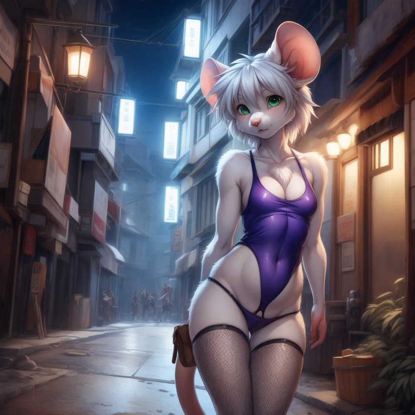 anthro breasts city city_background cleavage clothed clothing female fishnet fishnet_legwear fur green_eyes hair handbag legwear leotard navel night panties prostitution purple_clothing short_hair skimpy small_breasts solo standing street street_lamp topwear underwear urban_background white_body white_fur white_hair neutron_alchemist mammal mouse murid murine rodent