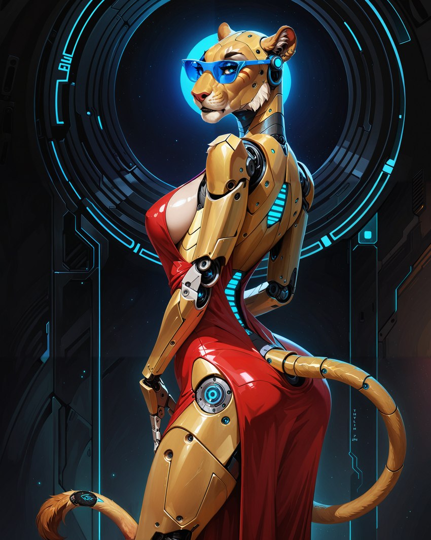 anthro backless_clothing backless_dress big_breasts blue_eyes breasts butt clothed clothing cybernetic_limb cybernetics dress ear_piercing eyewear female fur glasses glistening inner_ear_fluff looking_at_viewer looking_back machine piercing pose rear_view red_clothing red_dress science_fiction side_boob solo standing tail_tuft tuft white_body white_fur yellow_body yellow_fur aphid butterwolf android felid lion mammal pantherine robot absurd_res hi_res portrait