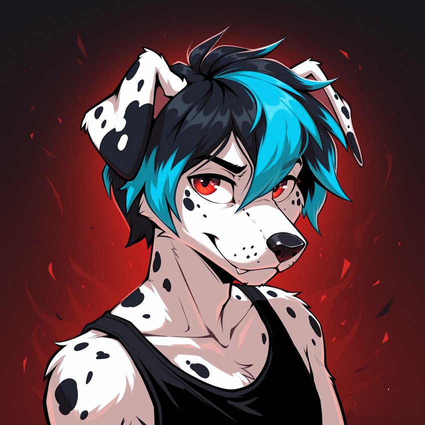 anthro black_hair black_nose black_spots blue_hair clothing fur hair looking_at_viewer male red_background red_eyes shirt simple_background solo spots spotted_body spotted_fur tank_top teeth topwear upper_body white_body white_fur gertgrg canid canine canis dalmatian domestic_dog mammal hi_res