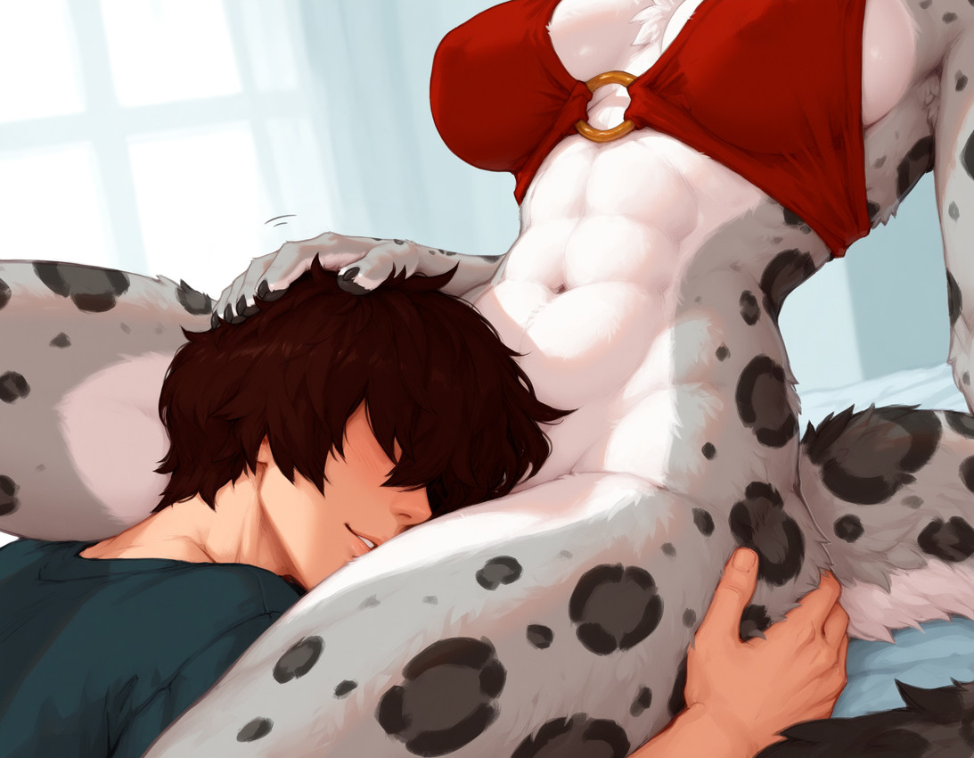 abs anthro athletic big_breasts breasts brown_hair clothing duo faceless_character faceless_male female hair hand_on_butt head_between_legs head_out_of_frame headpat human_on_anthro interspecies light_smile male male/female mostly_offscreen_character o-ring_top parted_lips red_clothing red_topwear short_hair slight_blush spread_legs spreading topwear gshepanon felid human mammal pantherine snow_leopard hi_res