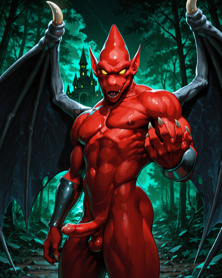 anthro balls bracelet castle_background claws empty_eyes erection fangs genitals humanoid_genitalia humanoid_penis humanoid_pointy_ears jewelry male membrane_(anatomy) membranous_wings navel nipples not_furry nude open_mouth penis red_body smile solo teeth wings krenkoscommand_(director) capcom ghosts_'n_goblins firebrand demon gargoyle red_arremer hi_res