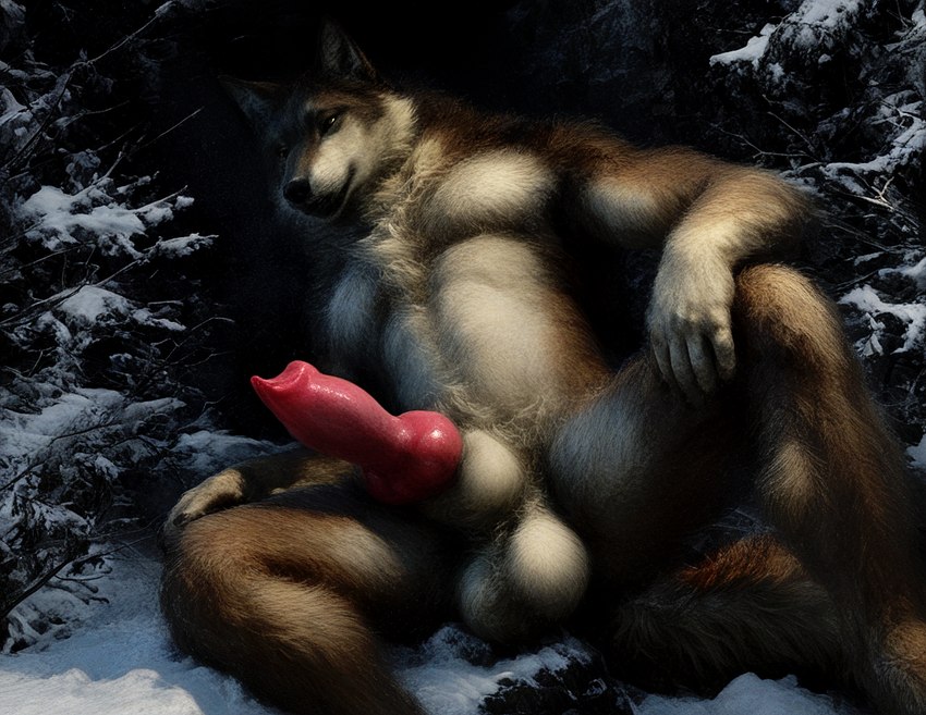 animal_genitalia animal_penis anthro balls big_balls brown_body brown_fur canine_genitalia canine_penis dark detailed_fur erection fur genitals hairy hand_on_knee hand_on_leg knot looking_aside male multi_genitalia multi_knot no_sclera nude on_ground outside pecs penis pink_penis plant realistic realistic_fur sheath sitting snow solo tan_body tan_fur tree 7oxytron canid canine canis mammal wolf detailed