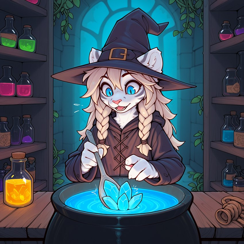 ambiguous_gender anthro blond_hair blue_eyes braided_hair cauldron clothing coat cooking_pot crystal curious facial_markings fog glowing hair hat head_markings headgear headwear long_hair looking_down markings potion potion_bottle ruins slight_smile solo topwear witch_hat nonimousmate nat_(nonimousmate) felid mammal pantherine tiger hi_res