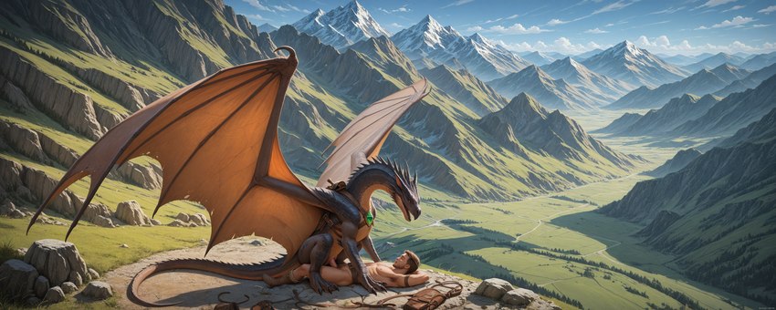 amazing_background bestiality black_body black_scales body_hair boots claws clothing cloud day detailed_background dragon_wings dragoness duo female feral feral_on_top footwear gem genitals grass harness horn human_on_feral human_penetrating interspecies leather leather_harness leather_straps long_tail lying male male/female membrane_(anatomy) membranous_wings mount/rider_relations mountains mythology on_back open_mouth orange_eyes outside_sex penetration penis plant pussy rock saddle scales sex tan_body tan_scales vaginal vaginal_penetration wing_claws wings unknown_director dragon human mammal mythological_creature mythological_scalie scalie western_dragon absurd_res hi_res