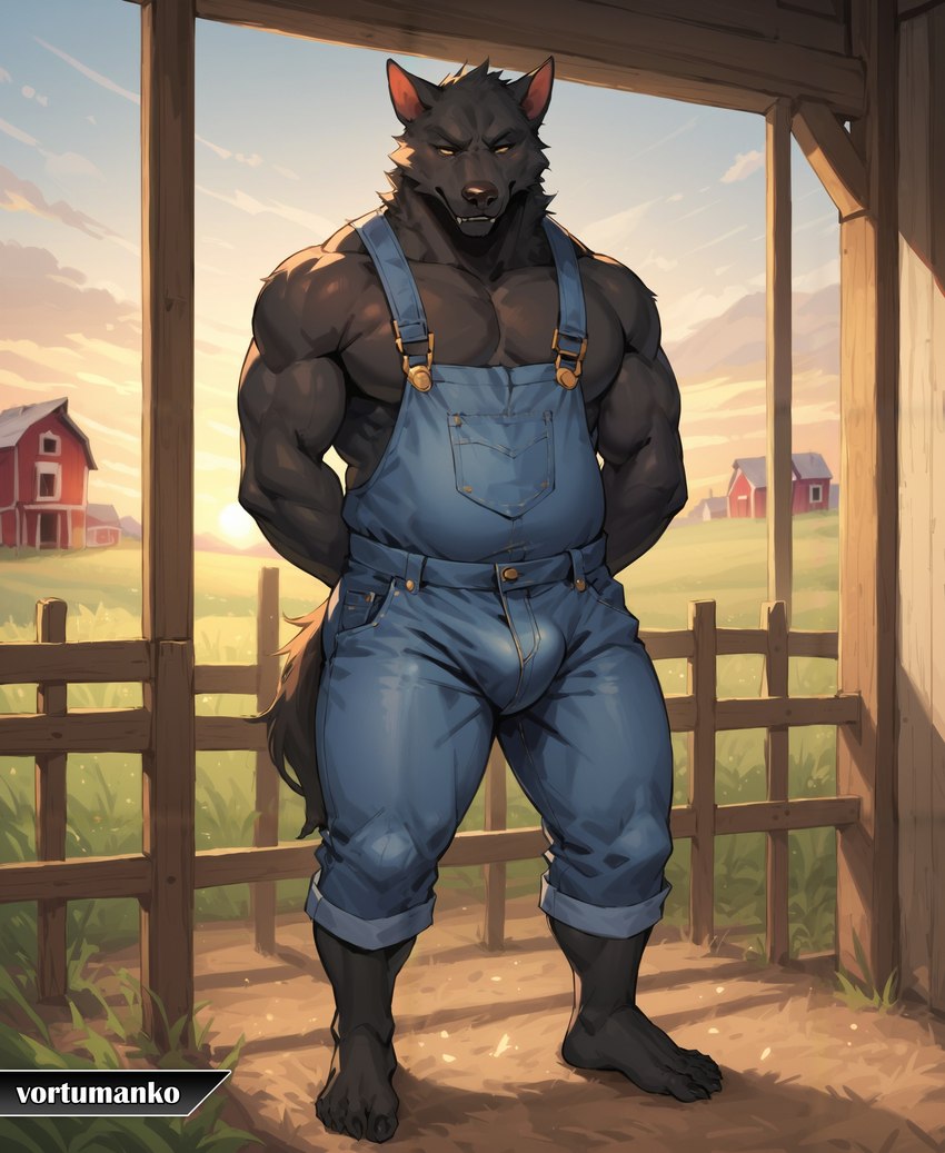 2024 anatomically_correct anthro anthrofied backlighting barefoot barn biped black_body black_claws black_nose black_skin black_tail blue_overalls bulge cheek_tuft claws claws_out cloud cloudy detailed_background english_description facial_tuft fangs farm feet fence fluffy fluffy_tail fur glistening glistening_body glistening_skin hands_behind_back humanoid_feet light male monotone_body monotone_fur monotone_skin monotone_tail muscular muscular_anthro muscular_male narrowed_eyes outdoors outside overalls_only pink_inner_ear pony_diffusion_(model) smile solo stable_diffusion sun sunrise teeth text toes tuft wall_(structure) wood_wall vortumanko canid canine canis mammal wolf absurd_res artist_name english_text hi_res lighting signature watermark