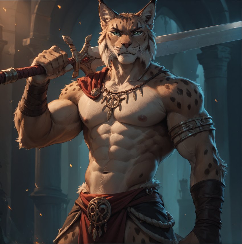 abs anthro arch armband bottomwear clothed clothing dungeon frown inside jewelry loincloth looking_at_viewer male melee_weapon muscular muscular_male necklace solo spots stern_look sword topless topless_male tribal tribal_jewelry tribal_necklace warrior weapon wraps dahskoorb felid feline lynx mammal hi_res