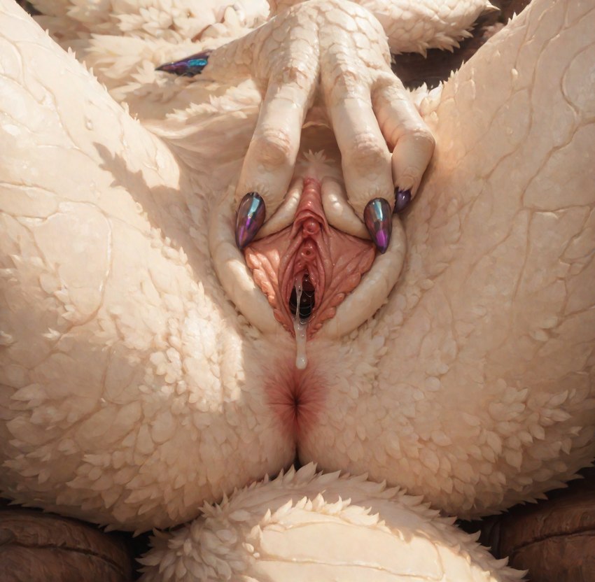 4_fingers anus bodily_fluids clitoral_hood clitoris close-up dripping extreme_close-up female fingers fluffy fur genital_fluids genitals pony_diffusion_(model) pussy pussy_juice pussy_juice_drip pussy_juice_string scales sitting solo spread_pussy spreading urethra white_body fluffscaler hymonie_fluffscale(fluffscaler) furred_kobold kobold hi_res