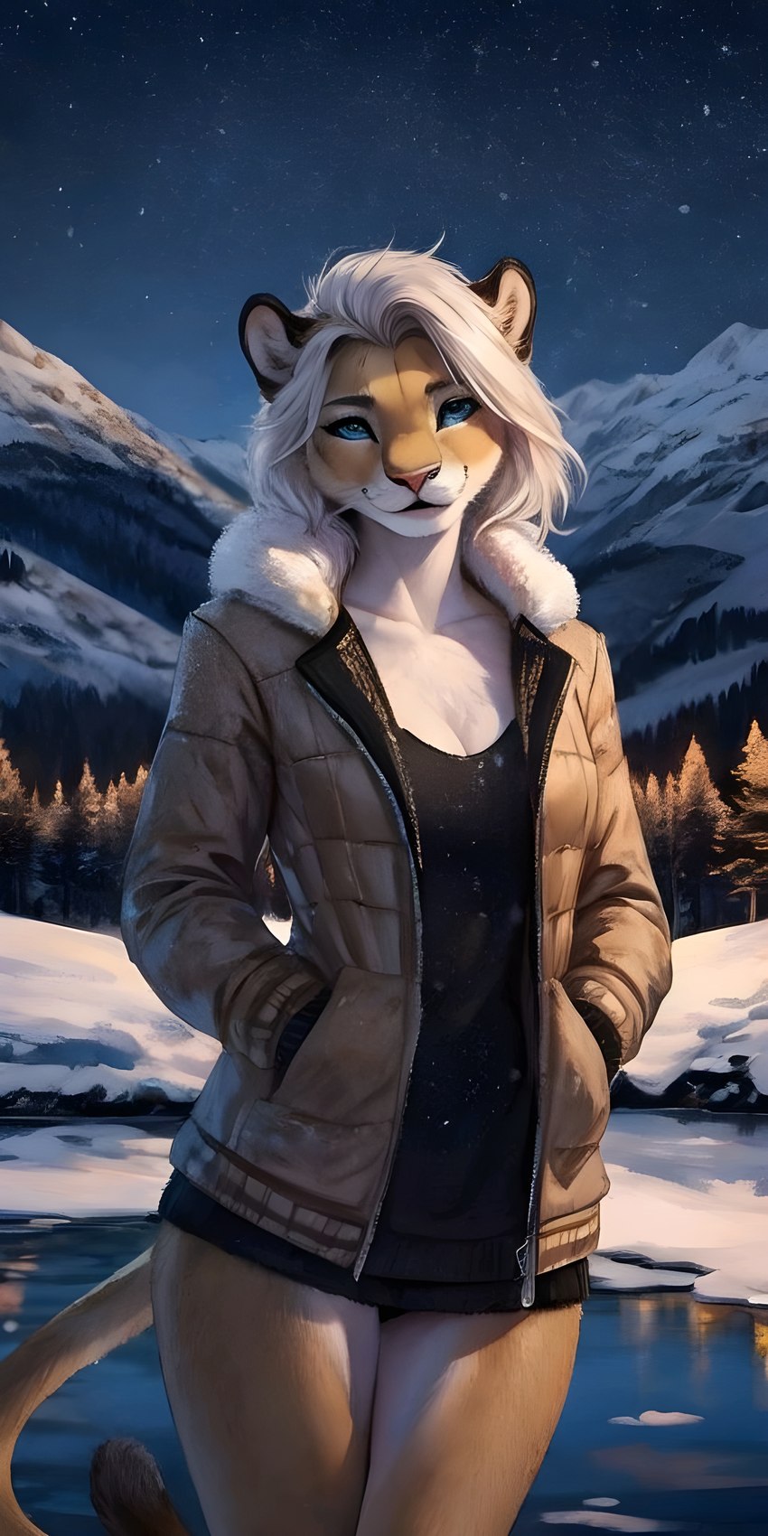 andromorph anthro christmas clothed clothing female intersex looking_at_viewer night smile snow snowing solo winter winter_clothing not_imayx 16:9 absurd_res hi_res portrait widescreen