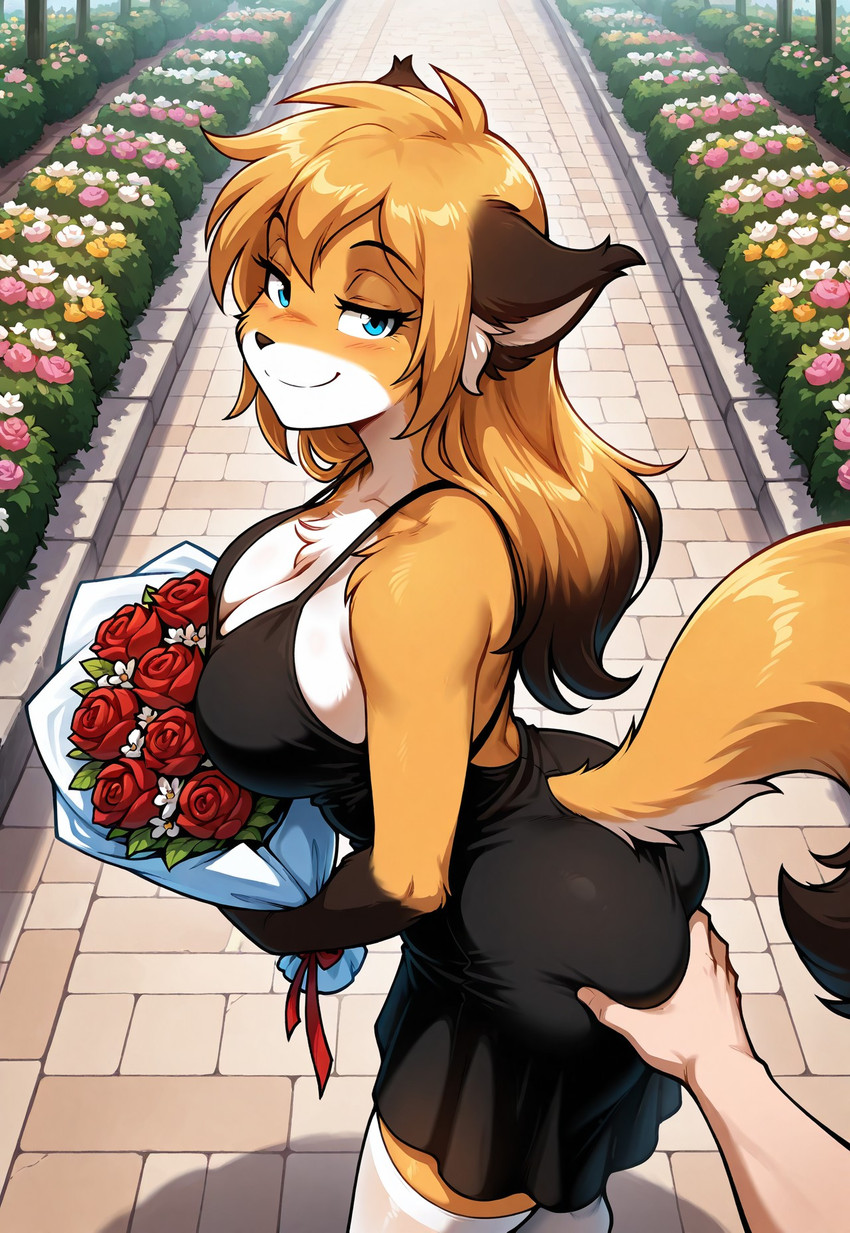 5_fingers ambiguous_gender anthro big_breasts blue_eyes blush bouquet breasts brown_hair butt butt_grab chest_tuft cleavage clothed clothing crossgender detailed_background disembodied_hand dress duo female female/ambiguous female_focus fingers first_person_view flower flower_bouquet fur garden hair hand_on_butt high-angle_view holding_bouquet holding_flower holding_object human_on_anthro interspecies leaning leaning_forward legwear long_hair looking_at_viewer multicolored_body multicolored_fur orange_body orange_fur orange_hair outside plant prompt raised_tail side_view smile solo_focus standing stockings stone_path thigh_highs tuft white_body white_fur yan twokinds mike_(twokinds) canid canine fox human mammal 2025 hi_res
