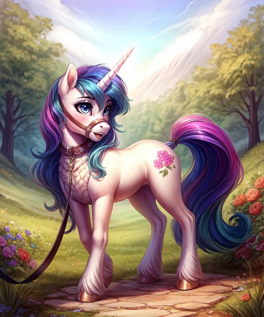 ambiguous_gender blue_eyes blue_hair blue_mane blue_tail bridle chest_tuft collar collar_only cutie_mark detailed_background dominant dominant_pov ears_up female feral fetlocks first_person_view flower fur grass hair halter hooves horn indigofurrymix_(model) indigofurrymix_se02vpred_(model) inner_ear_fluff leash light_hooves long_hair long_tail mane multicolored_hair multicolored_mane multicolored_tail nude open_mouth outdoors petplay pink_hair pink_mane pink_tail plant prompt purple_hair purple_mane purple_tail quadruped roleplay sky solo solo_focus standing submissive submissive_female submissive_feral tree tuft unicorn_horn white_body white_fetlocks white_fur mechanic_31 equid equine horse mammal my_little_pony pony unicorn colored colorful detailed full-length_portrait hi_res portrait prompt_metainfo