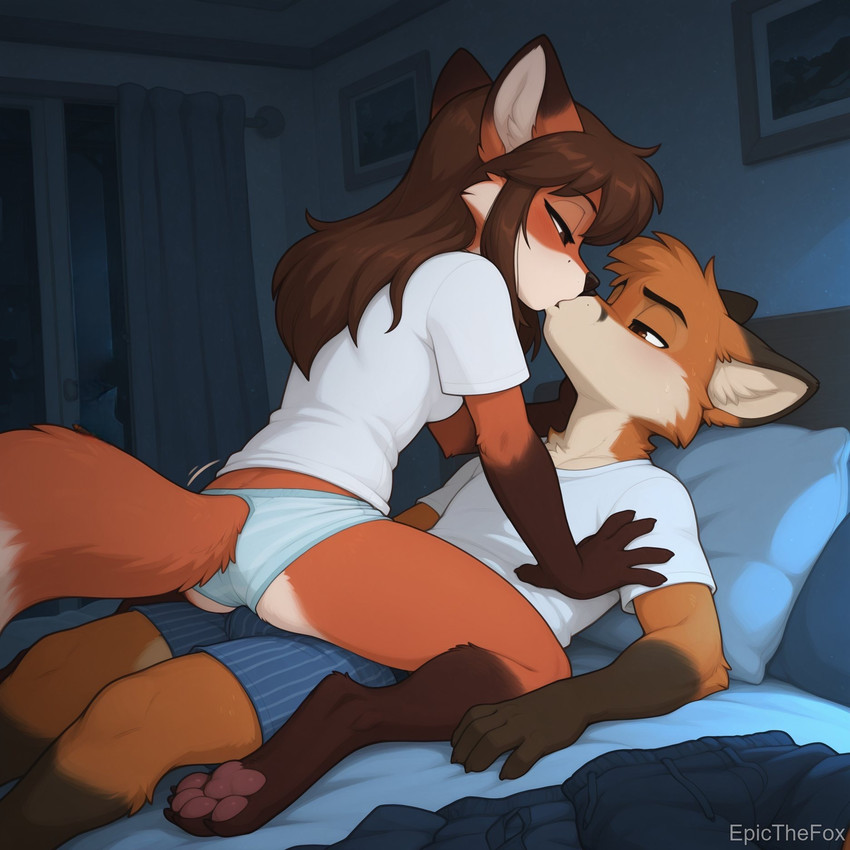 anthro bed brown_body brown_eyes brown_fur brown_hair clothing duo female fluffy fluffy_tail fur furniture hair inner_ear_fluff inside kissing lying lying_on_bed male male/female on_back on_bed orange_body orange_fur panties pawpads pillow shirt topwear tuft underwear epicfox ember_(epicfox) epic_(epicfox) canid canine fox mammal red_fox director_name hi_res watermark brother_(lore) brother_and_sister_(lore) incest_(lore) sibling_(lore) sister_(lore)