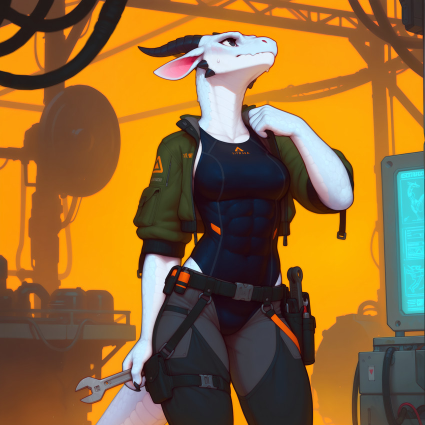 5_fingers abs anthro bag belt black_claws black_clothing black_eyes black_horn black_swimwear bottomwear breasts claws clothed clothing covered_nipples detailed_background ears_down female fingers green_clothing grey_bottomwear grey_clothing grey_pants holding_object holding_tool horn jacket looking_up medium_breasts open_clothing open_jacket open_topwear orange_background pants pivoted_ears pockets scales simple_background solo swimwear tools topwear white_body white_scales workshop adragocult scalie absurd_res hi_res