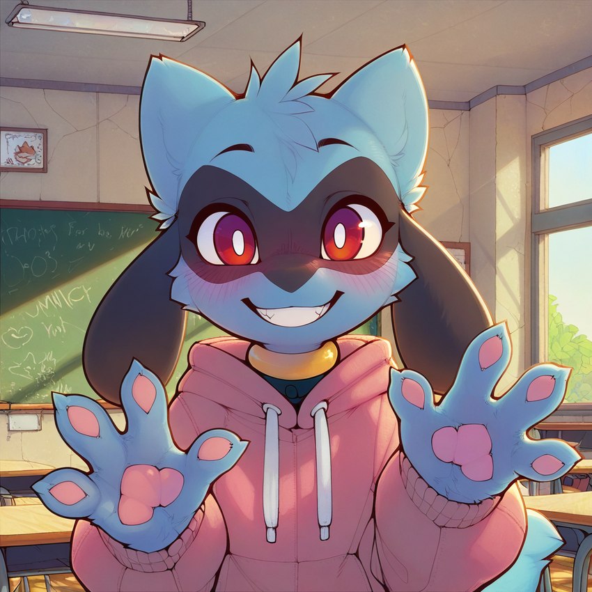 anthro classroom clothed clothing day detailed_background fur gesture looking_at_viewer male pawpads school smile smiling_at_viewer solo waving waving_at_viewer window lucalex nintendo pokemon generation_4_pokemon pokemon_(species) riolu