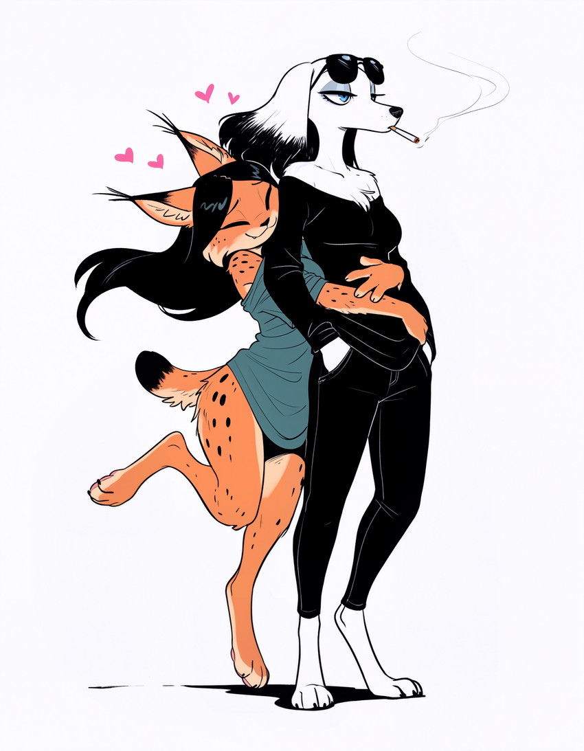 anthro barefoot biped blue_eyes breasts cigarette cigarette_in_mouth dipstick_tail duo embrace eyewear eyewear_on_head feet female fur hand_in_pocket hearts_around_head hug inner_ear_fluff markings pockets prick_ears simple_background smile spots spotted_body spotted_fur sunglasses sunglasses_on_head tail tail_markings tuft anonymous_director invoke_high canid canine canis domestic_dog felid feline hunting_dog lynx mammal saluki sighthound hi_res