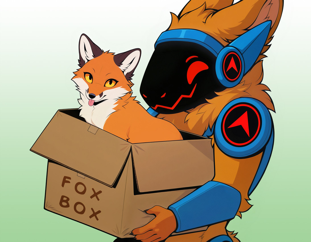 ambiguous_gender anthro blep box cardboard cardboard_box container duo feral fur gradient_background head_tuft humor in_container machine male orange_body orange_eyes orange_fur screen screen_face simple_background smile text tongue tongue_out tuft white_body white_fur hank94_(director) canid canine fox mammal protogen hi_res meme