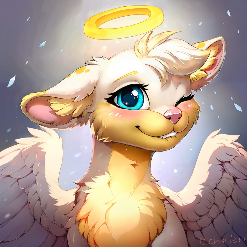 ambiguous_gender bite biting_lip blue_eyes blush feathers fluffy fur halo head_tuft multicolored_body multicolored_fur neck_tuft neopets one_eye_closed solo spread_wings tuft two_tone_body two_tone_fur white_body white_fur wings wink yellow_body yellow_fur echelon mammal neopet_(species) zafara_(neopets) absurd_res attempted_signature hi_res